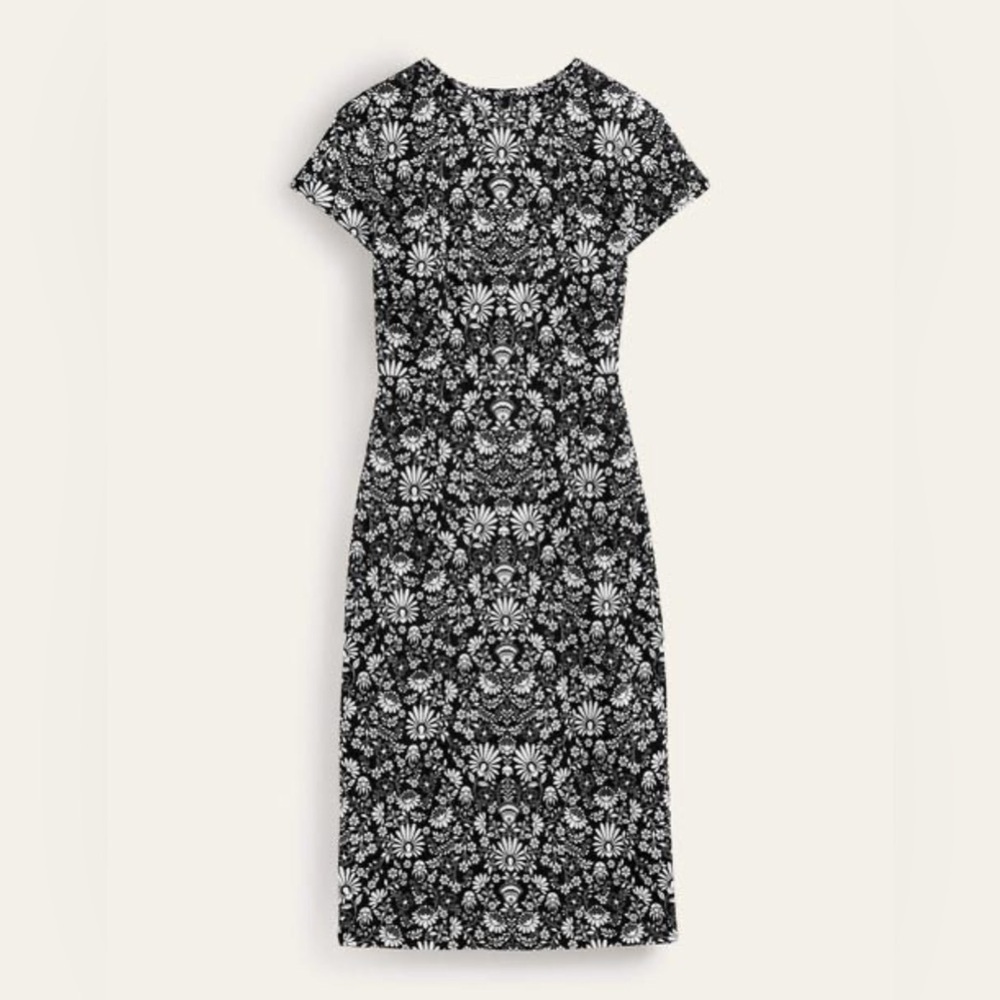 Boden Cotton Jersey Midi Dress Black White Floral Womens 8 NWOT Short Sleeve